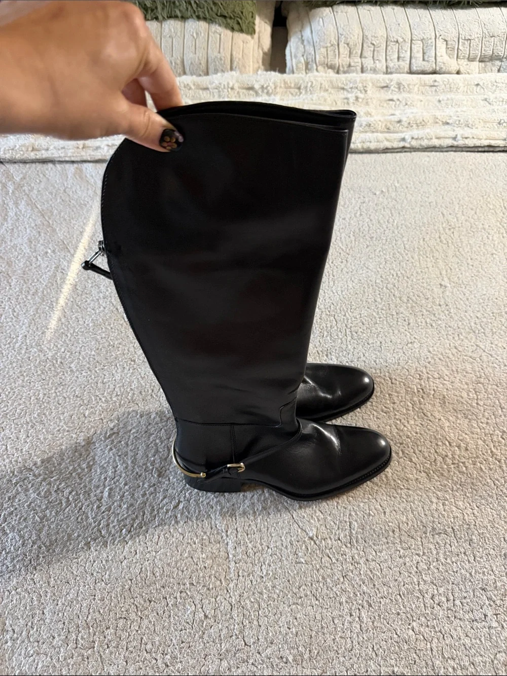 Johnston & Murphy Sari Black Leather Riding Boots with Gold Buckle 7.5